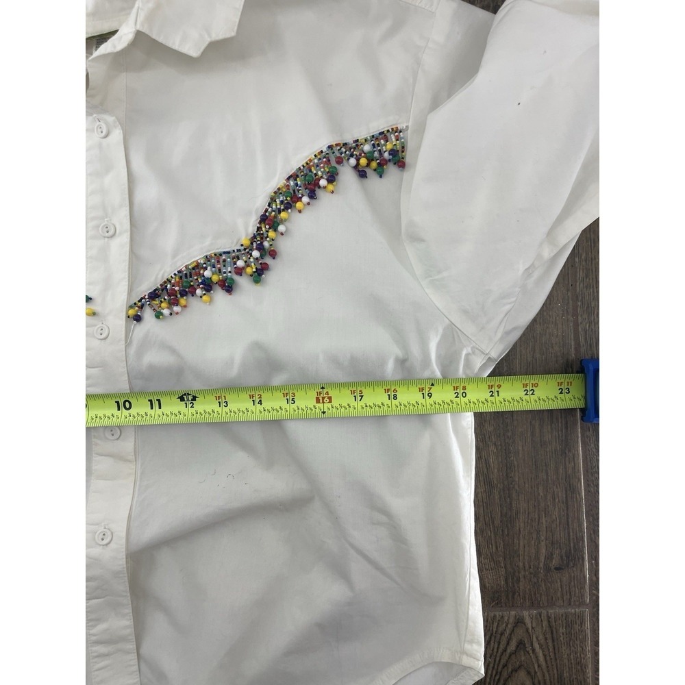 Vintage 90s Beaded Button Up Shirt Women's L White Fringe Western Funky Boho - Picture 15 of 16